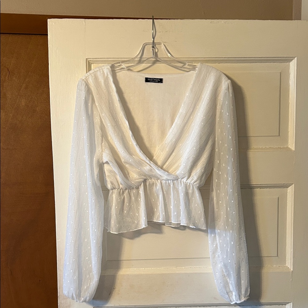 Nasty Gal White Sheer Swiss Dot Wrap Peplum Blouse